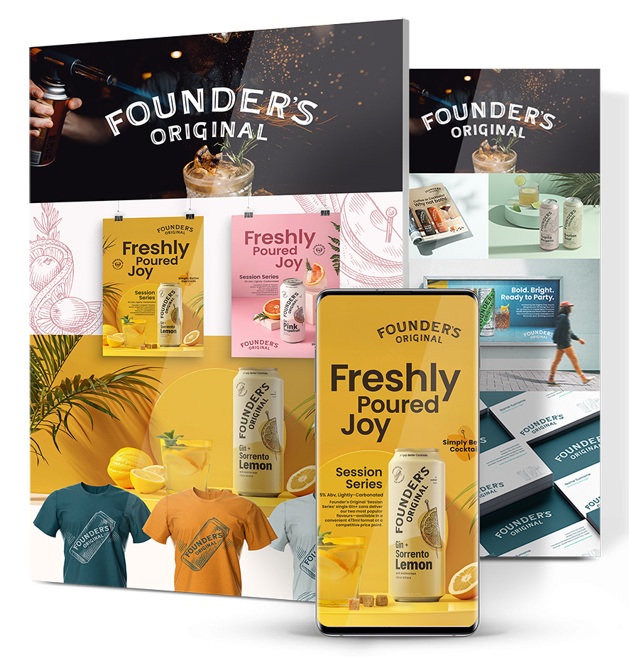 Founder’s Original brand collateral displayed across packaging, posters, mobile ads, apparel and printed materials