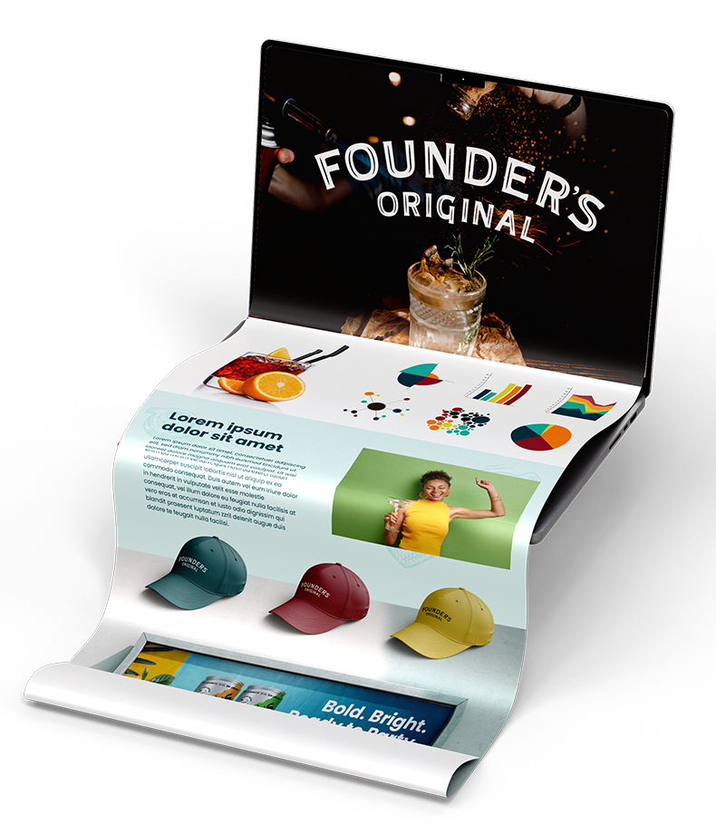 Founder’s Original website mockup showing brand visuals, product graphics, color palettes, charts and apparel on a scrolling page design