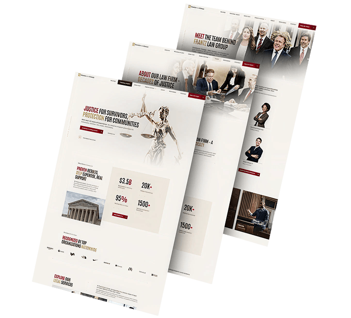 Three pages of Frantz Law Group's website design
