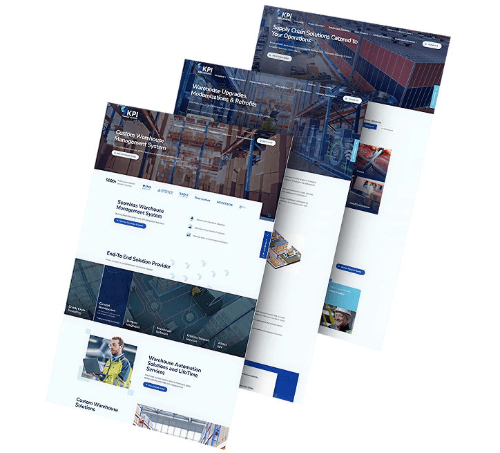 Three overlapping screenshots of the KPI Integrated Solutions website showcasing warehouse management systems, warehouse modernization services, and supply chain solutions through a clean, enterprise-focused digital experience.