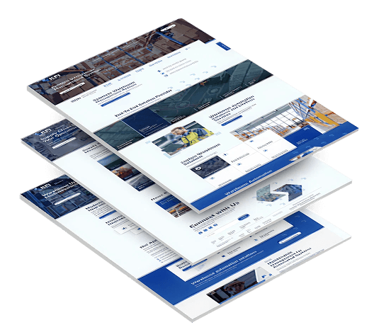 Three stacked, angled screenshots of the KPI Integrated Solutions website showcasing warehouse automation services, supply chain solutions, systems integration, and operational technology through a clean, modern digital interface.