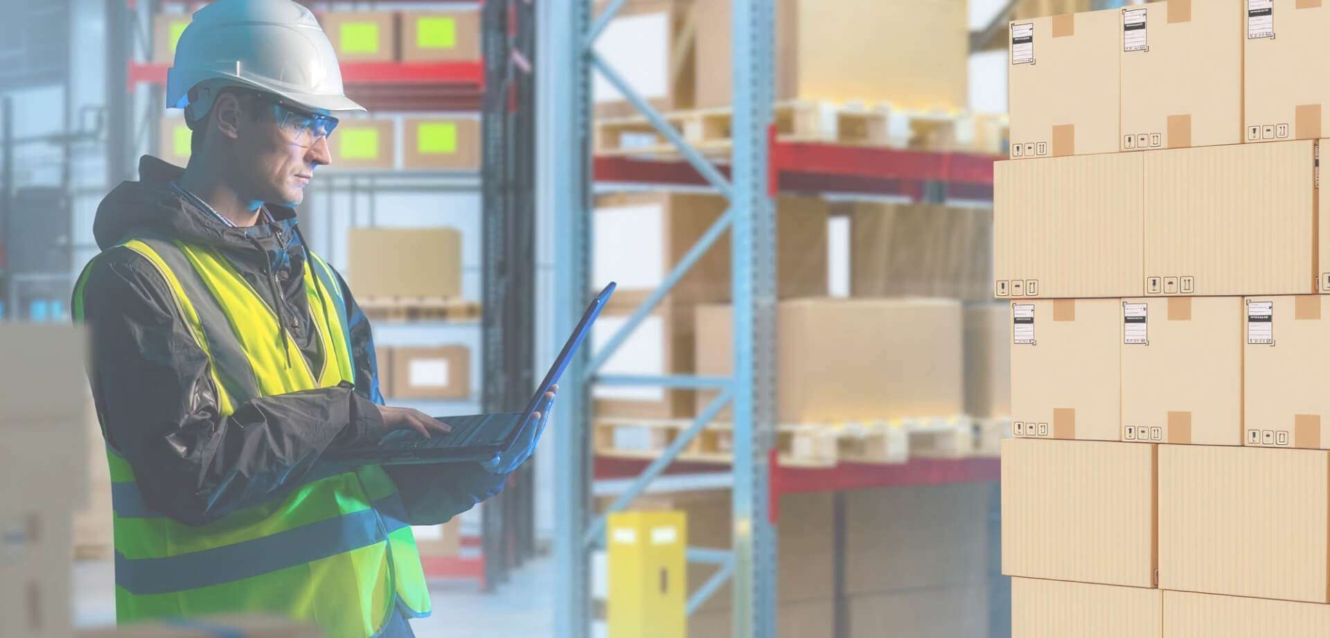 Warehouse professional wearing a safety vest and hard hat while using a laptop to manage inventory and logistics operations, standing beside stacked shipping boxes in a modern distribution center.
