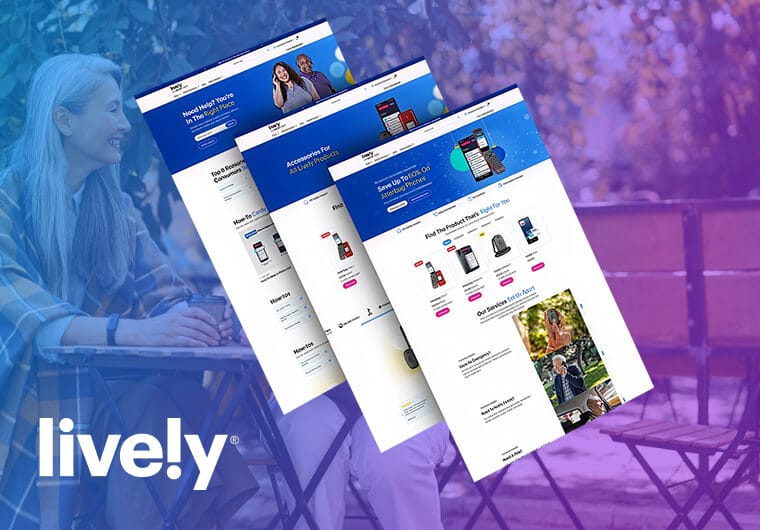 Lively portfolio image featuring three responsive website layouts with mobile health devices, senior communication products, and customer-focused service pages displayed over a lifestyle background with blue and purple gradient overlay.