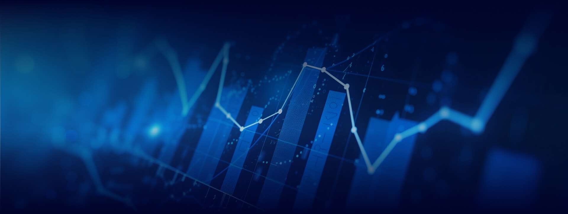 Abstract data analytics background featuring blue-toned bar charts, trend lines, and financial graphs, symbolizing business intelligence, performance tracking, data reporting, and analytical insights.