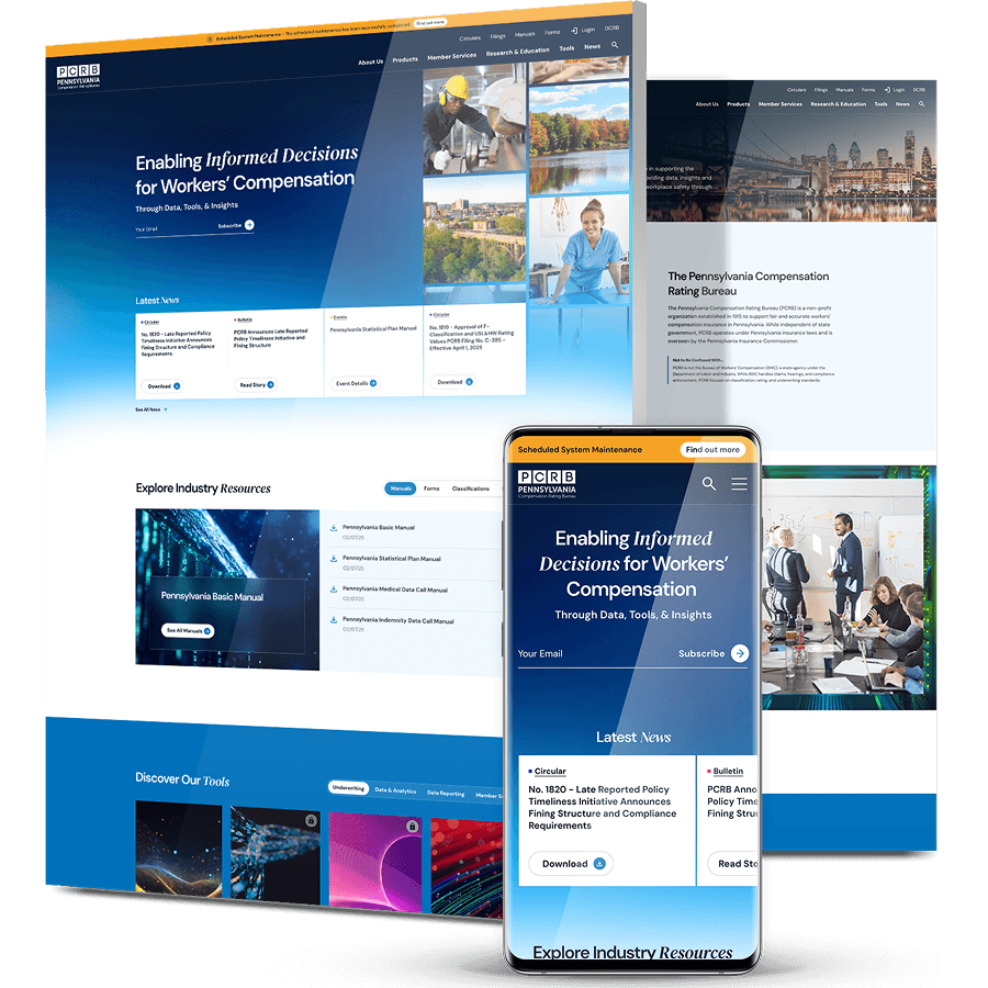 Responsive Pennsylvania Compensation Rating Bureau (PCRB) website design displayed across desktop, tablet, and mobile devices, showcasing workers’ compensation resources, industry data, research tools, and educational content through a modern, user-friendly interface.