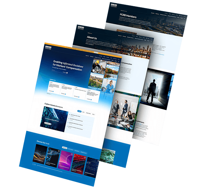 Three layered screenshots of the Pennsylvania Compensation Rating Bureau (PCRB) website design, showcasing a modern digital platform with member resources, workers’ compensation tools, educational content, and streamlined navigation.
