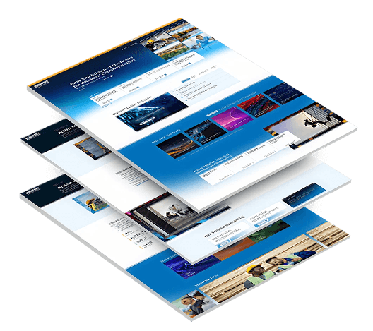 Three stacked screenshots of the Pennsylvania Compensation Rating Bureau (PCRB) website design, showcasing a modern digital experience with streamlined navigation, industry resources, analytics tools, and workers’ compensation insights.