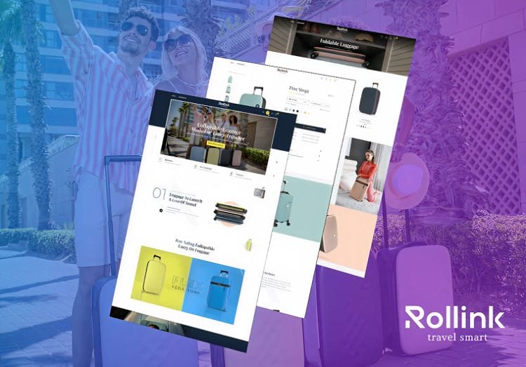 Rollink travel luggage ecommerce website design mockup with responsive layouts, modern product showcases and clean retail branding.