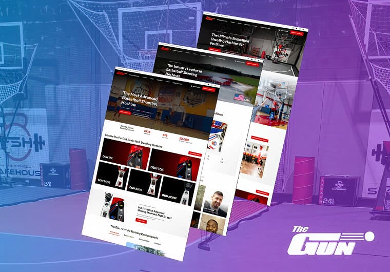 Shoot-A-Way website design displayed across multiple pages, featuring basketball shooting machines, product listings, and training-focused content over a sports-themed background.