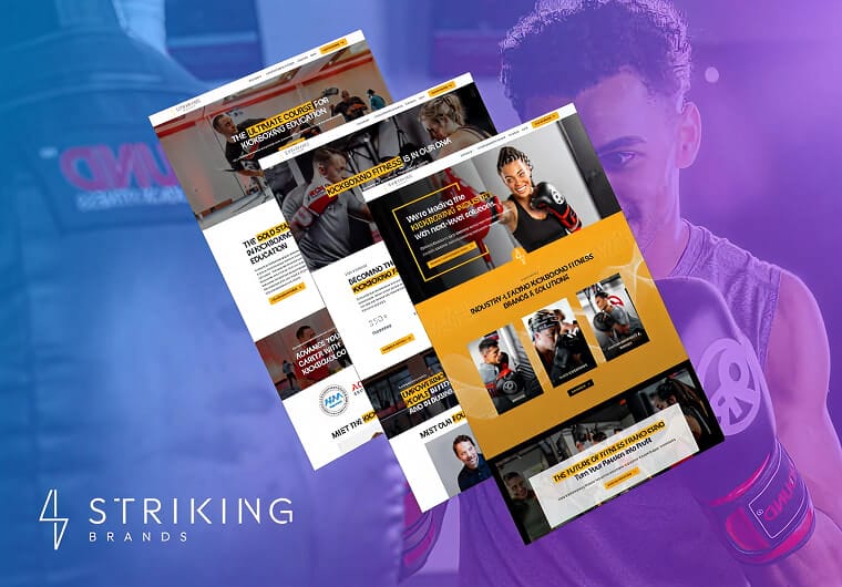 Striking Brands website design showcased with multiple pages featuring kickboxing fitness, training programs, and branding elements over a dynamic background.