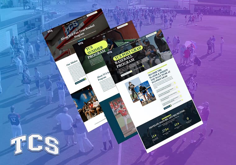 TCS baseball program website designs displayed over a sports field background, showcasing multiple pages for training and recruitment.