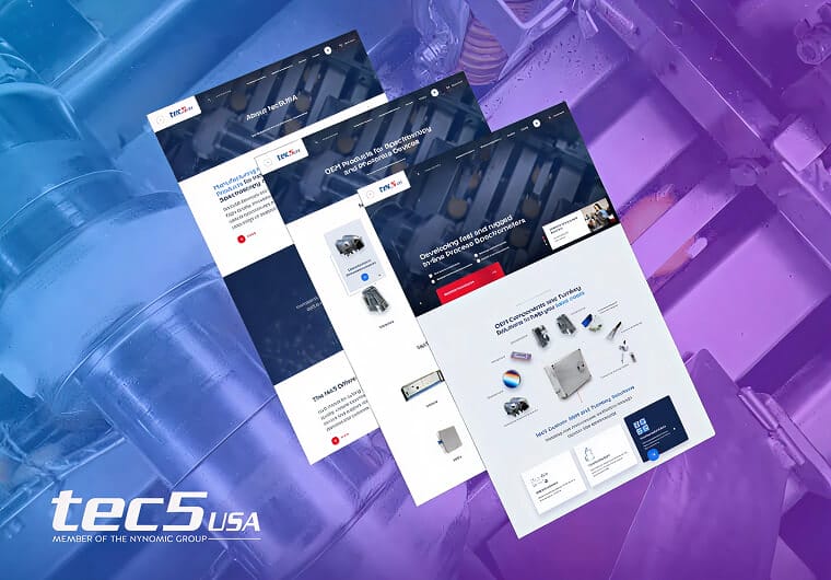 tec5USA website design mockup featuring multiple responsive webpage layouts with spectroscopy equipment, industrial technology visuals, scientific instrumentation, and modern engineering-focused branding on a blue and purple gradient background.