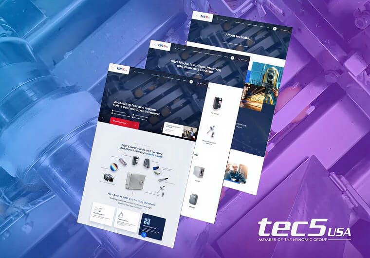 tec5USA website design mockup featuring multiple responsive webpage layouts with spectroscopy equipment, industrial technology visuals, scientific instrumentation, and modern engineering-focused branding on a blue and purple gradient background.