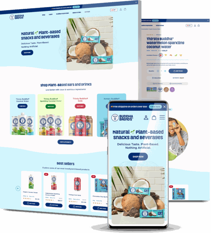 Buddha Brands ecommerce website design showcasing plant-based products and responsive mobile shopping experience - optimized
