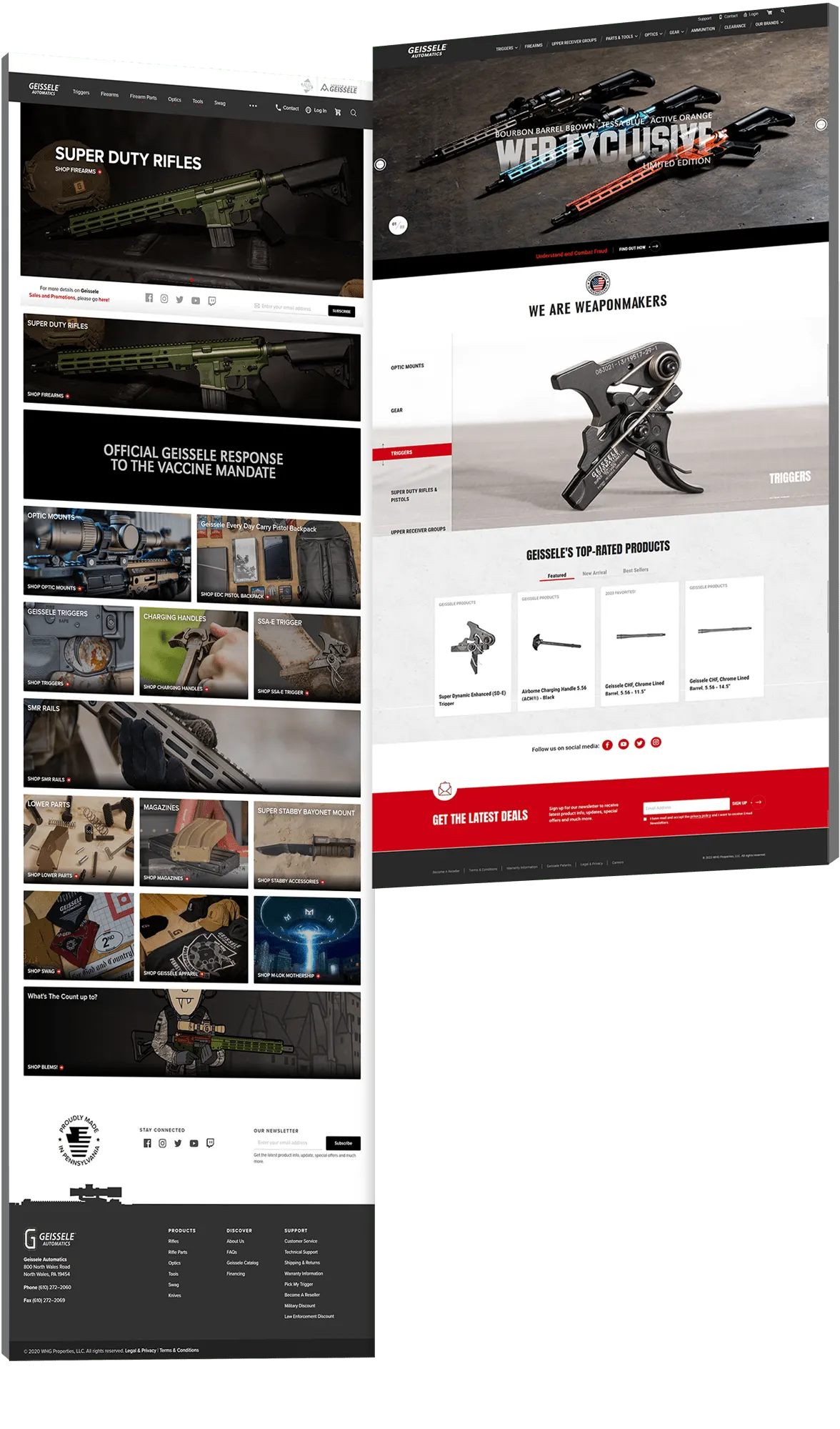 Before-and-after website redesign showcase for Geissele Automatics featuring desktop eCommerce layouts with firearm accessories, product categories, promotional banners, and modernized navigation. - optimized