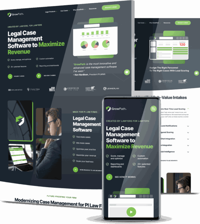 GrowPath legal case management software website displayed across desktop and mobile, highlighting dashboards and revenue optimization features. - optimized